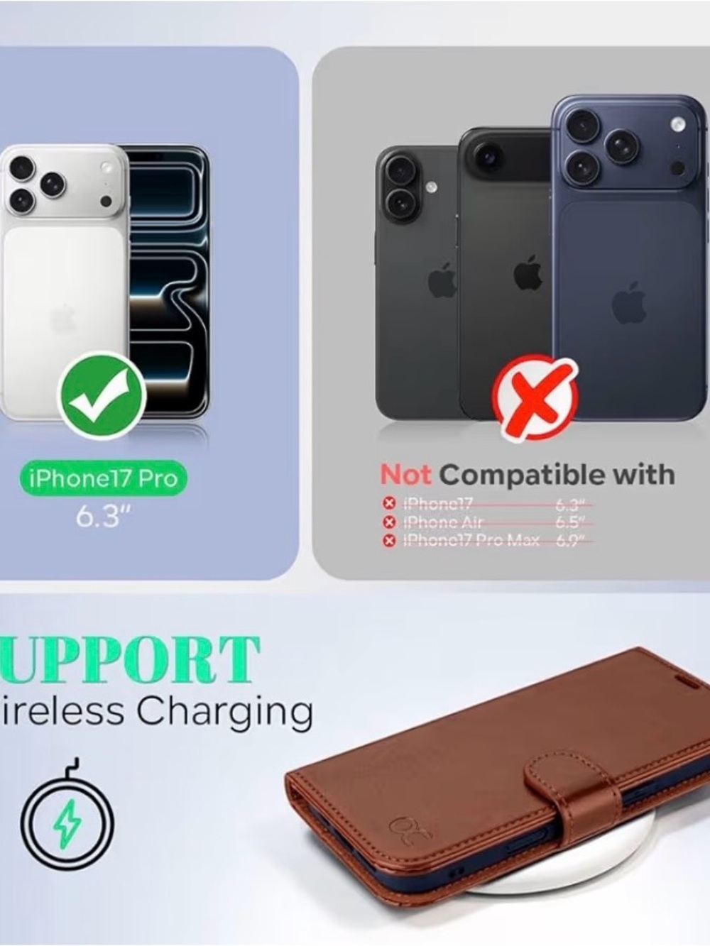 New OCASE Dark Cognac Brown PU Leather Wallet Phone Case for iPhone 17 Pro NIP - Picture 5 of 13